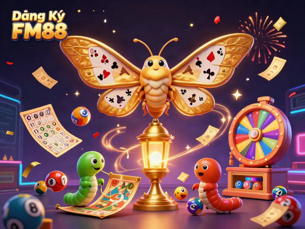 Engage in exciting gaming with Đăng Ký FM88, featuring vibrant lottery elements and a majestic moth.