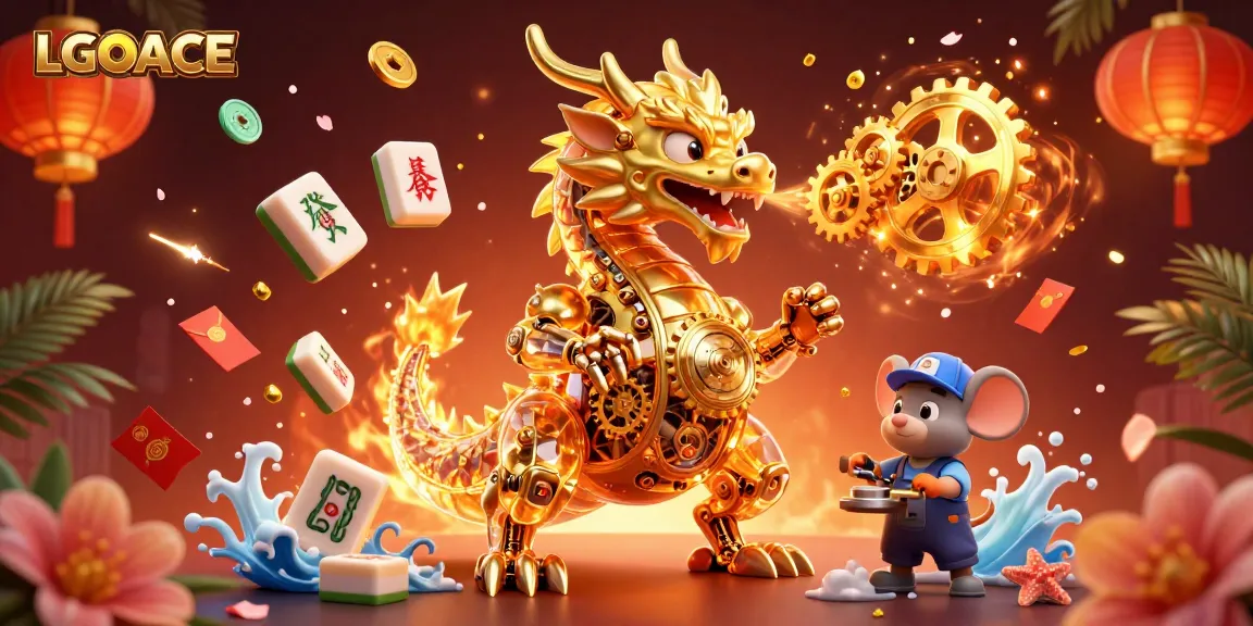 LGOACE showcases a vibrant 3D scene with a golden dragon and casino elements, emphasizing excitement.