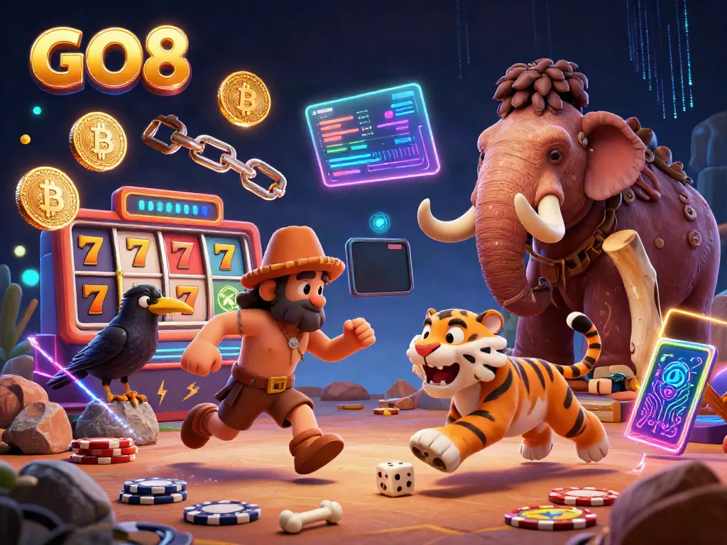 Experience thrilling gaming at GO8 with vibrant cartoon characters in a prehistoric casino setting.