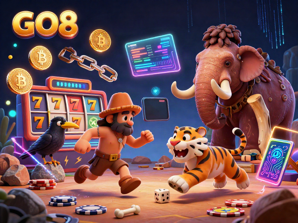 Experience thrilling gaming at GO8 with vibrant cartoon characters in a prehistoric casino setting.