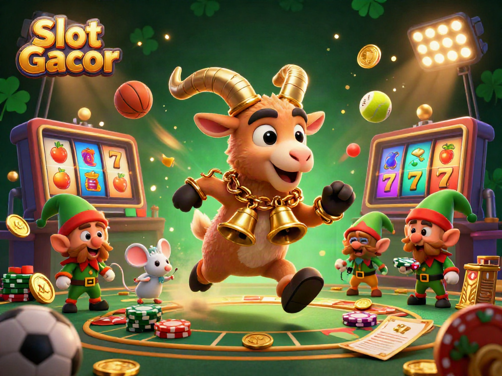 Engage with Slot Gacor through a lively casino scene featuring dynamic characters and gaming elements.