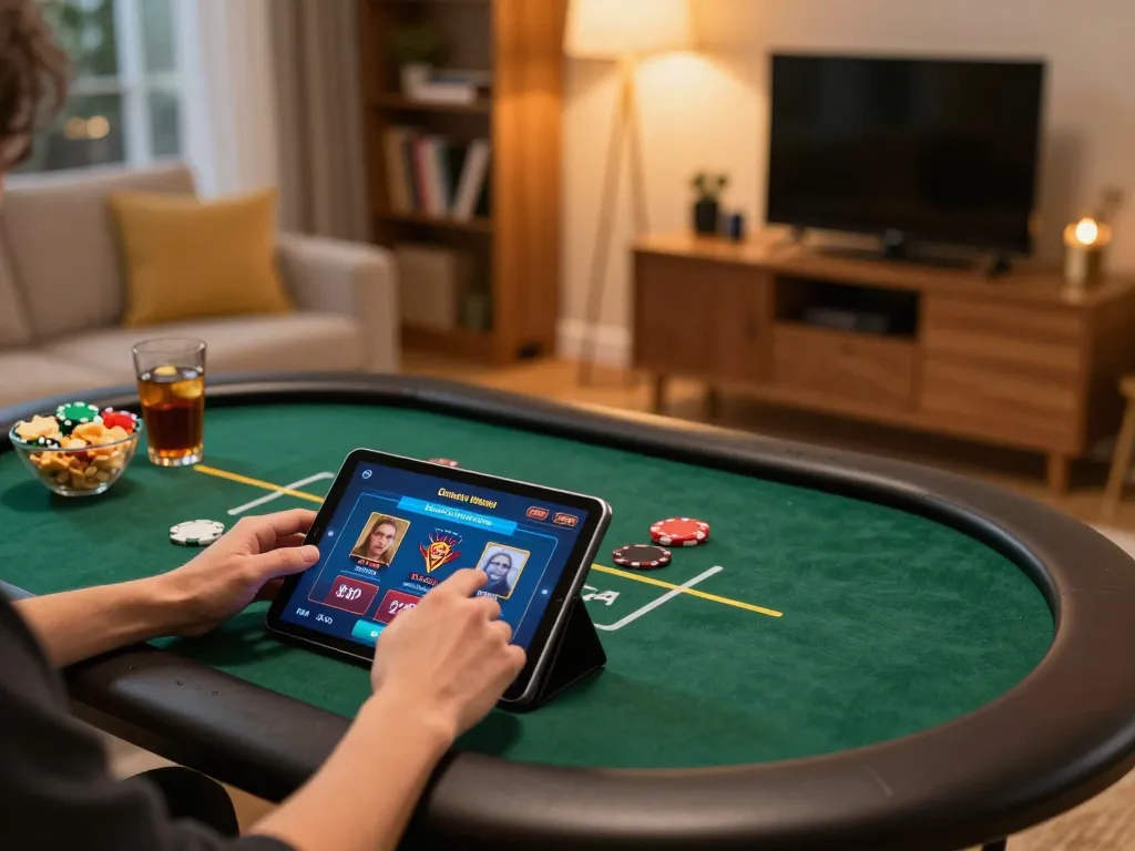 Nego77 login on tablet in cozy home gaming setup, showcasing poker gameplay.
