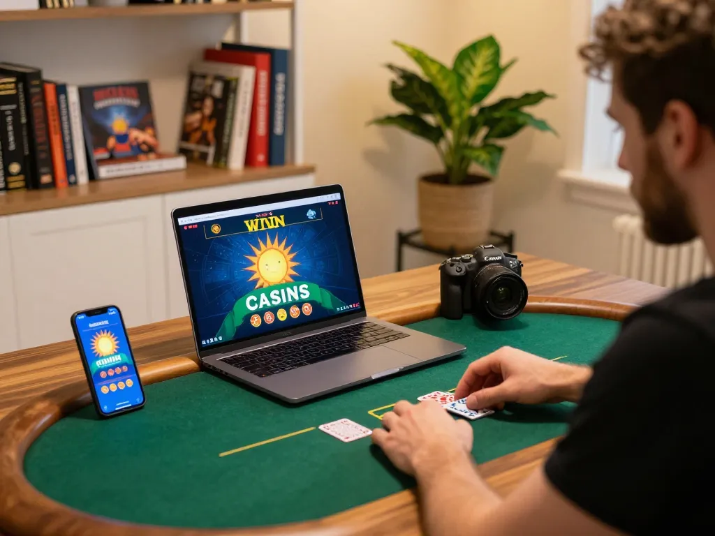 Engaging player using sun win app in a cozy home office for strategic gaming.