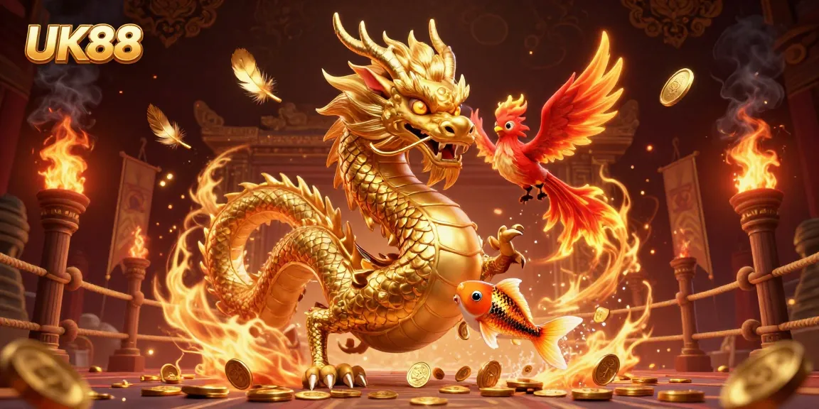 Experience the excitement of UK88 with a magnificent dragon, phoenix, and koi fish in a dynamic casino scene.