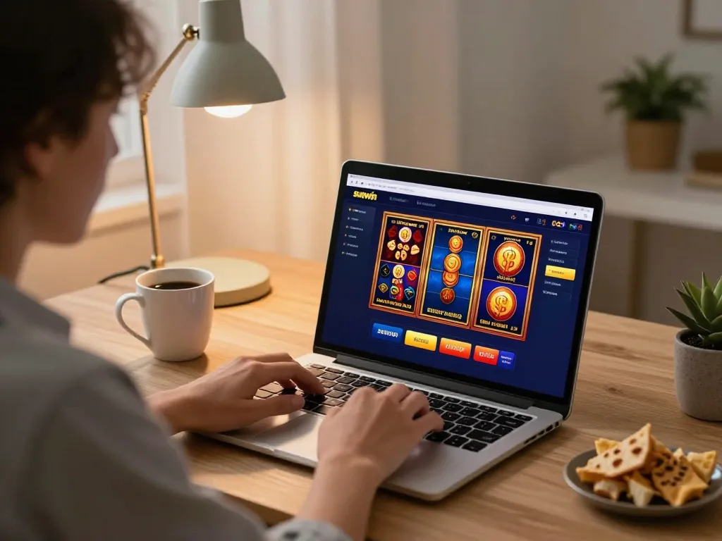 Player engaging with sunwin online casino interface on laptop, cozy gaming setup.