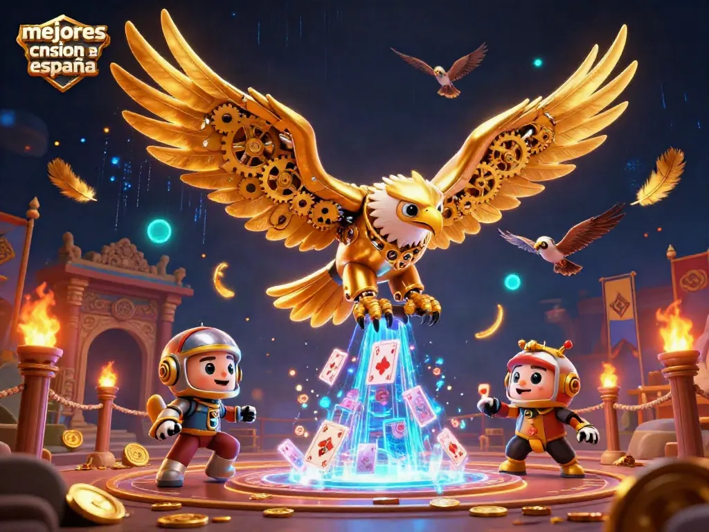 Visualiza los mejores casinos online en España con una ilustración vibrante de juego emocionante y elementos dinámicos.