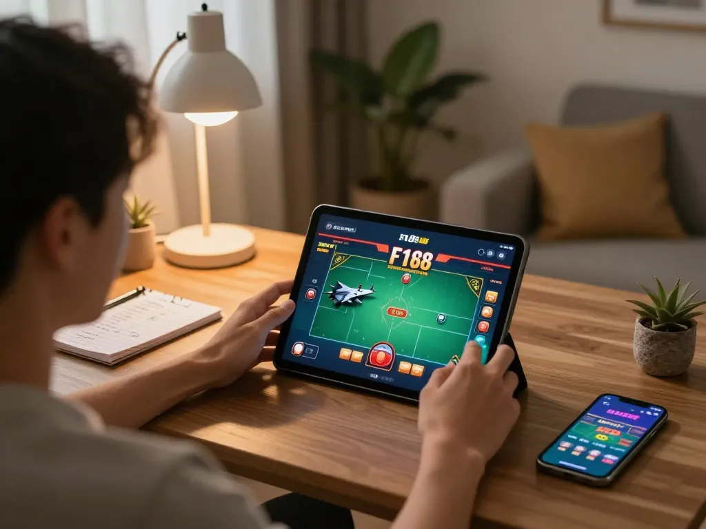 F168 online poker gaming setup with player using tablet in cozy home environment
