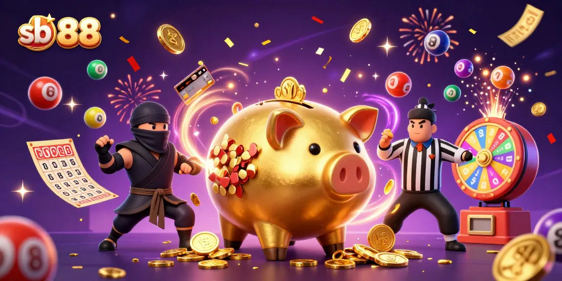 Engage with sb 88's vibrant casino scene featuring a sumo wrestler, ninja, and referee amidst gaming elements.