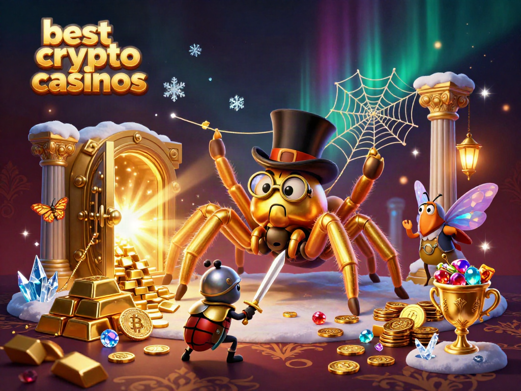 Join the excitement of the best crypto casinos with this vibrant 3D illustration featuring a golden tarantula and beetle knight.