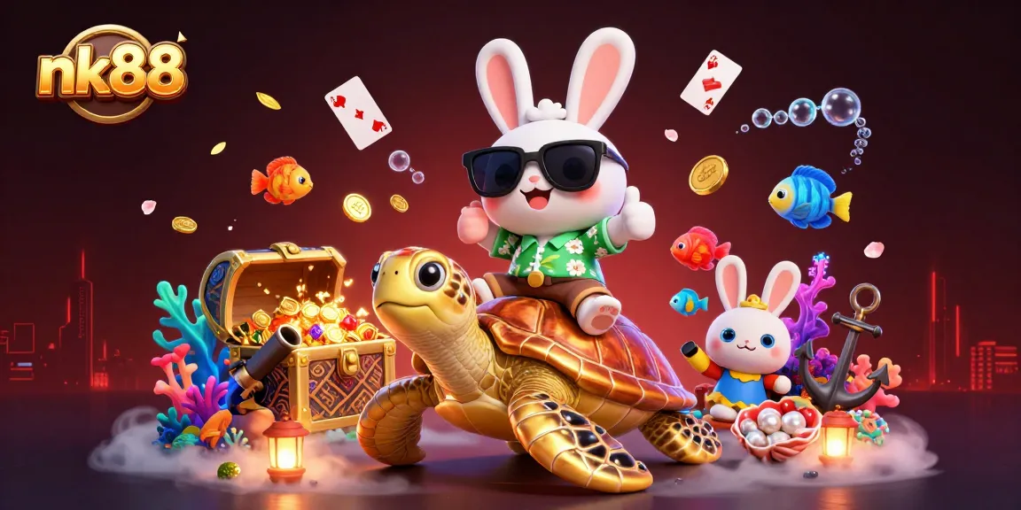 Engage with nk88's thrilling world of online gambling, featuring cartoon lucky rabbit and tropical scene.