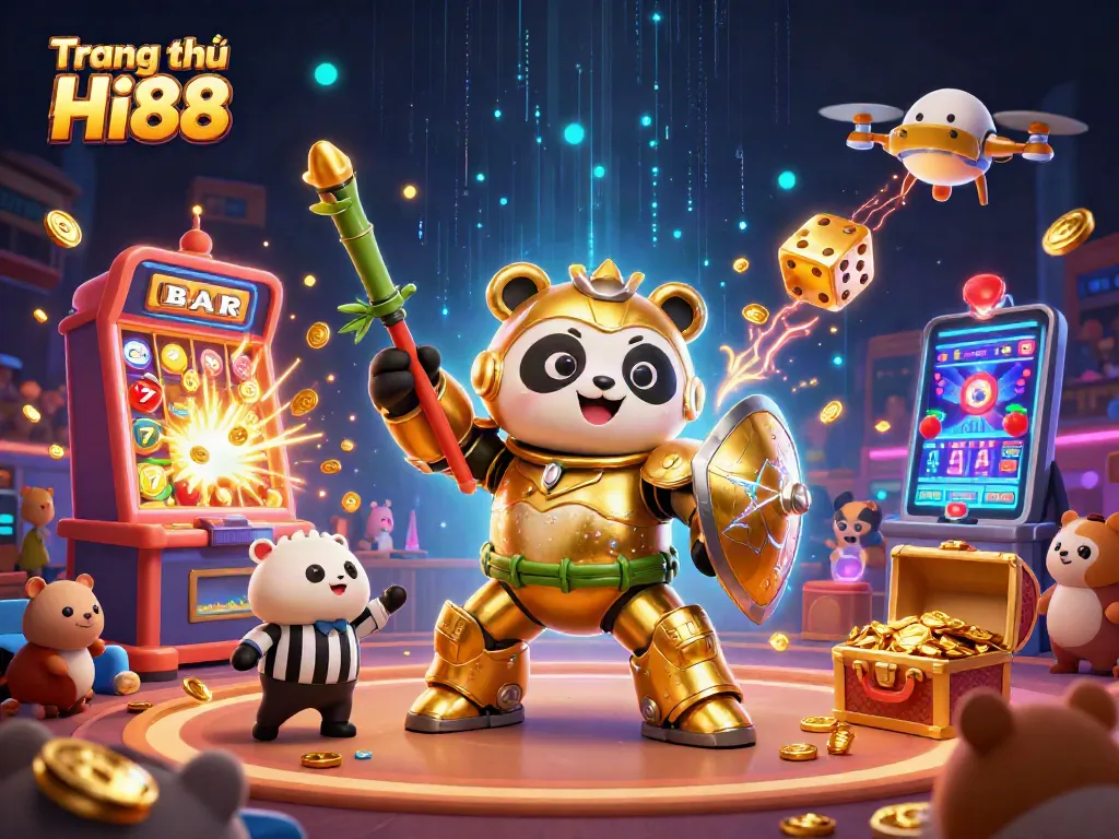 Engage in the vibrant gaming world of Trang chủ Hi88 with a golden panda, jackpot symbols, and a festive atmosphere.
