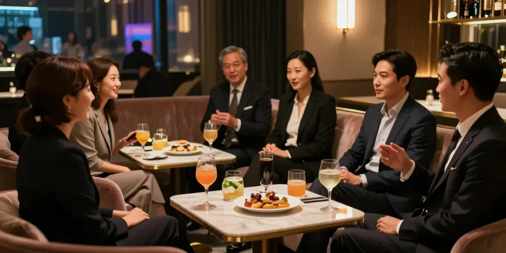 강남 타이밍의 고급스러운 사교 공간에서 전문직 종사자들이 대화하고 있는 모습.