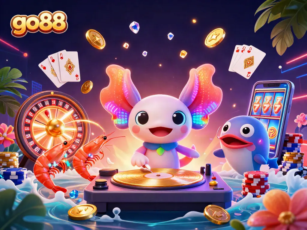 Enjoy the excitement of go88 with vibrant games, golden coins, and neon characters in this thrilling 3D casino scene.