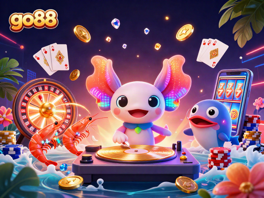 Enjoy the excitement of go88 with vibrant games, golden coins, and neon characters in this thrilling 3D casino scene.