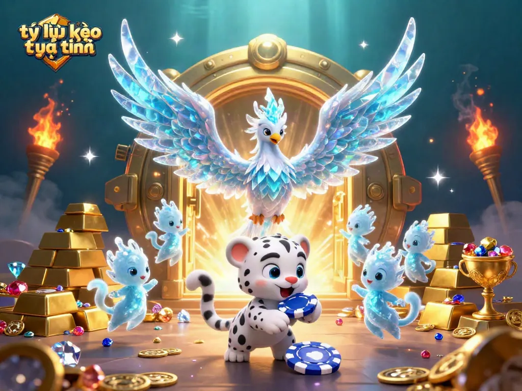 Engage with tỷ lệ kèo trực tuyến as the ice phoenix, snow leopard cub, and ice sprites celebrate in a dynamic casino scene.