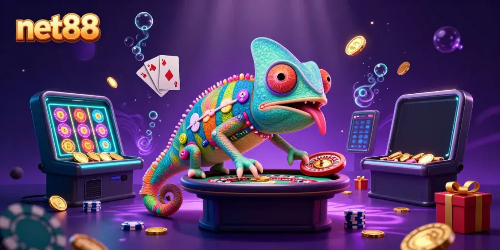 Experience thrill at NET88 with a vibrant chameleon casino owner, colorful slot games, and dynamic casino action.