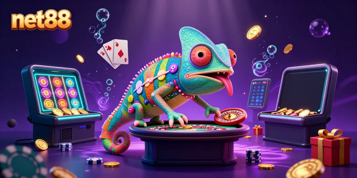 Experience thrill at NET88 with a vibrant chameleon casino owner, colorful slot games, and dynamic casino action.