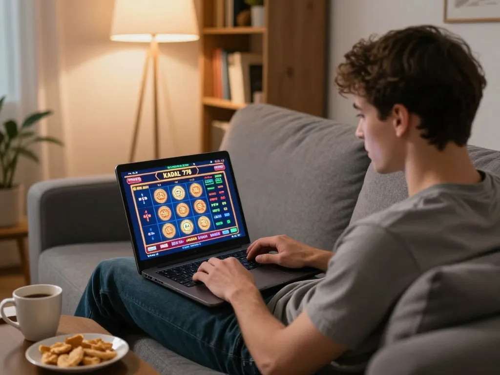 KADAL 778 online casino gaming session on a laptop in a cozy living room.