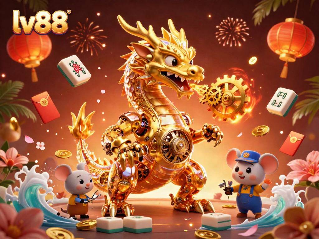 Experience the thrilling action of lv88 with a golden dragon and casino elements in a vibrant 3D illustration.