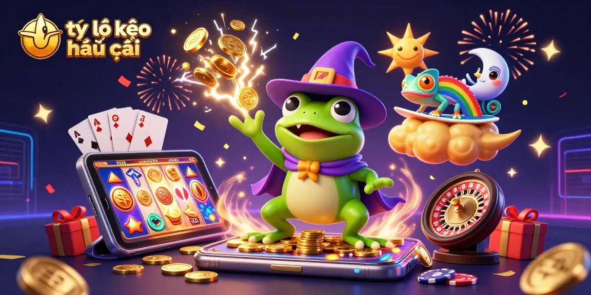 Bet on tỷ lệ kèo nhà cái with a wizard frog conjuring gold coins and a rainbow chameleon surfing clouds in a dynamic casino scene.
