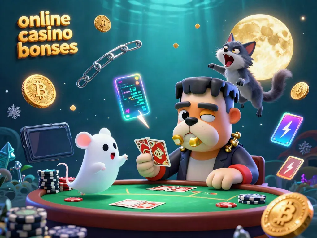 Experience online casino bonuses with a vibrant 3D scene featuring a bulldog monster, ghost mouse, and werewolf kitten playing cards.