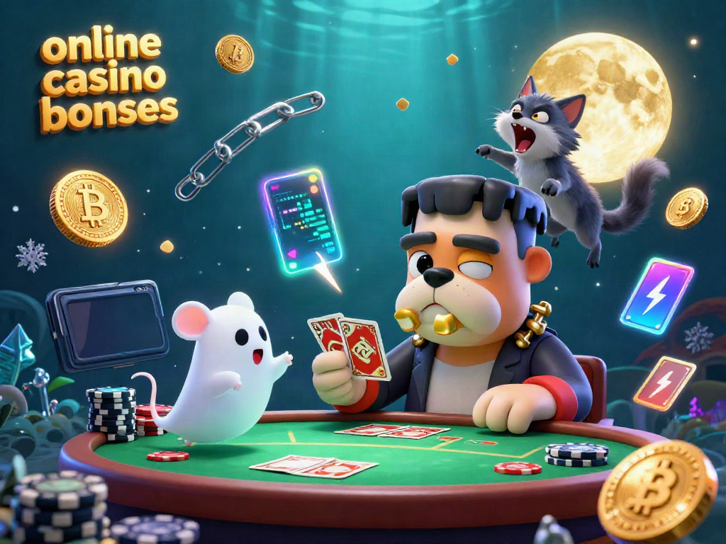 Experience online casino bonuses with a vibrant 3D scene featuring a bulldog monster, ghost mouse, and werewolf kitten playing cards.