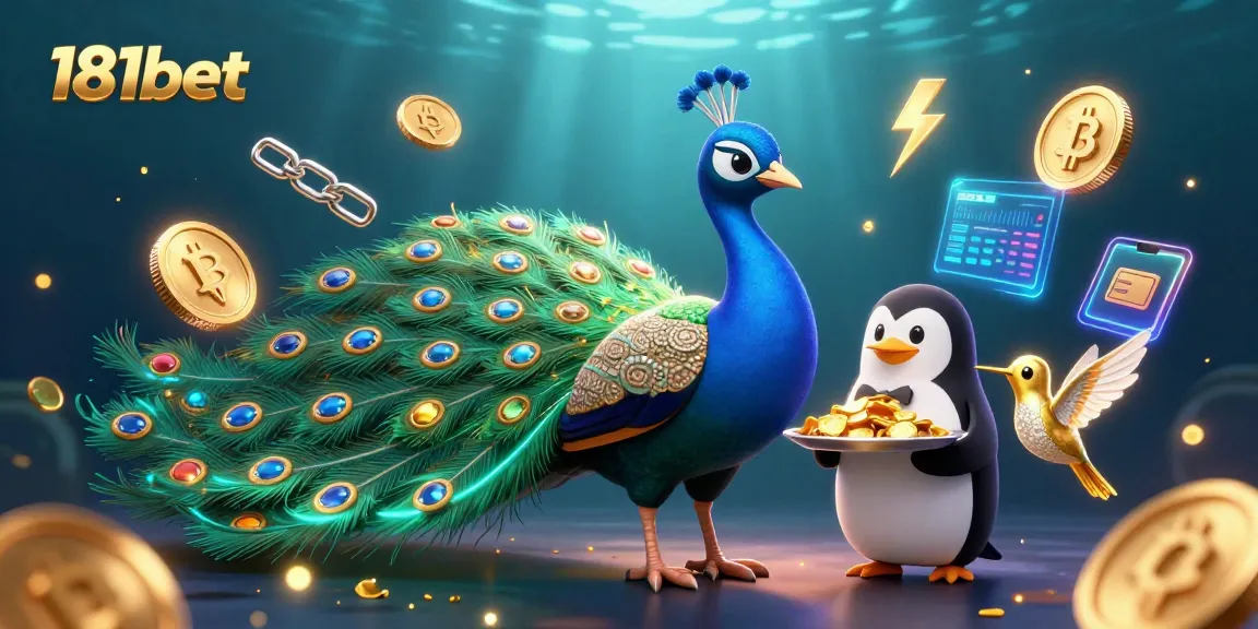 Engage with the vibrant gaming scene at 181bet featuring a peacock, a penguin butler, and a hummingbird surrounded by crypto elements.