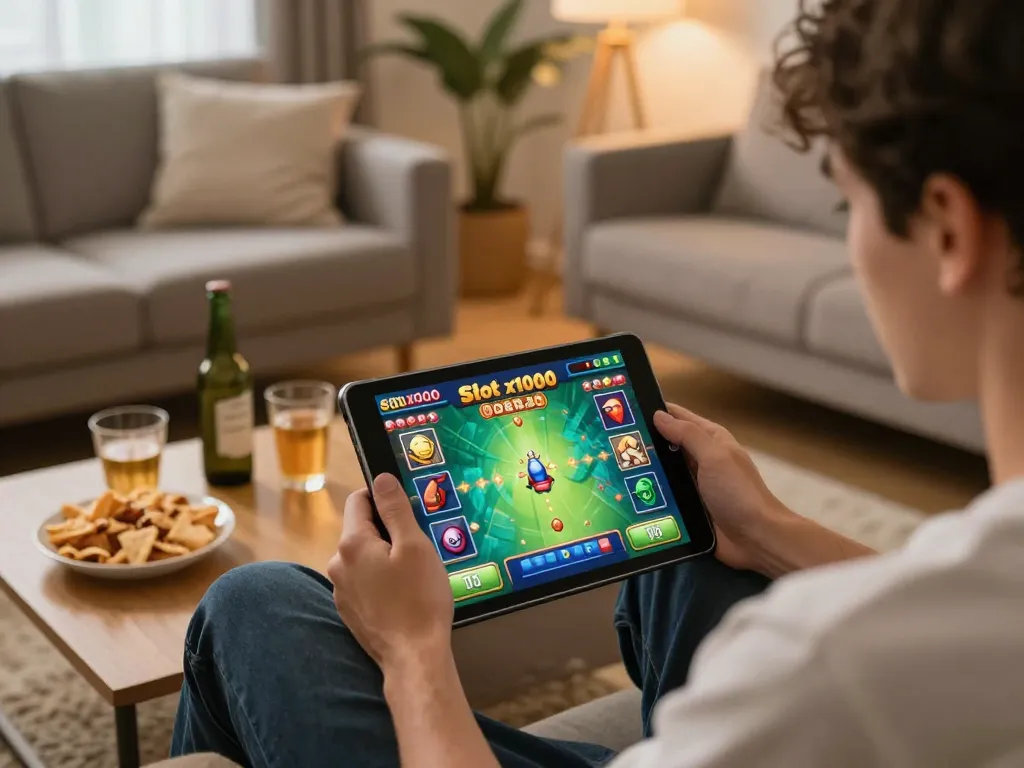 Engaged player enjoying Slot x1000 game on tablet in cozy living room, capturing online gambling excitement.