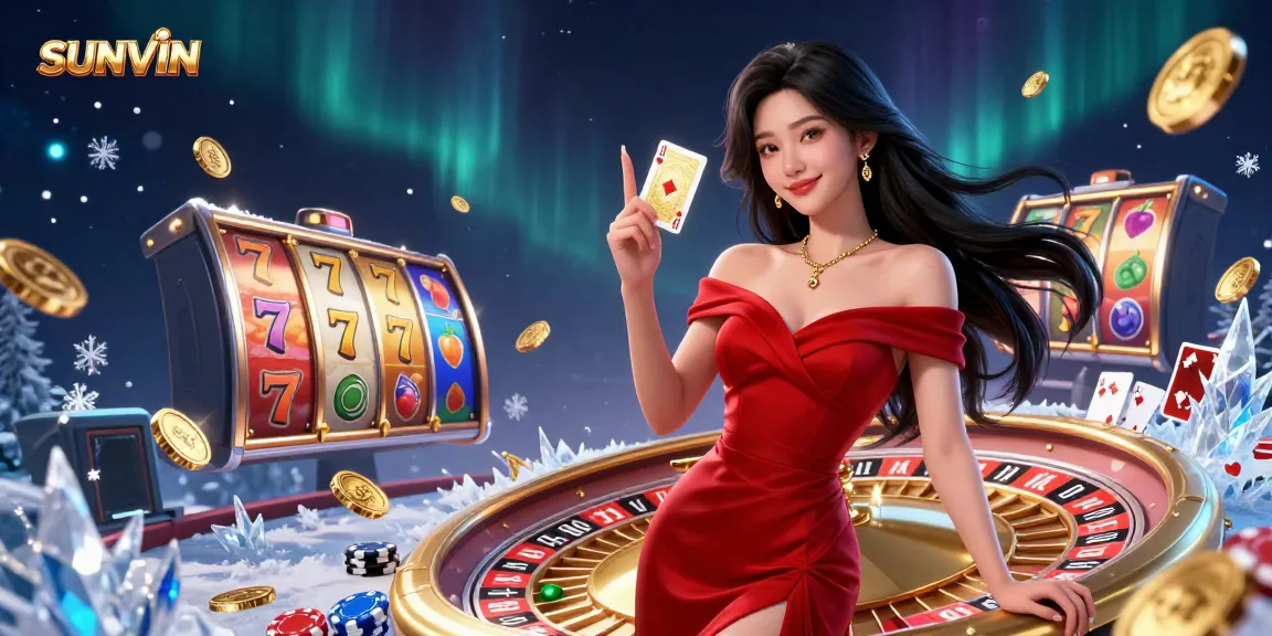SUNVIN showcases a glamorous Asian woman in a stunning setting with roulette, cards, and vibrant slot symbols.