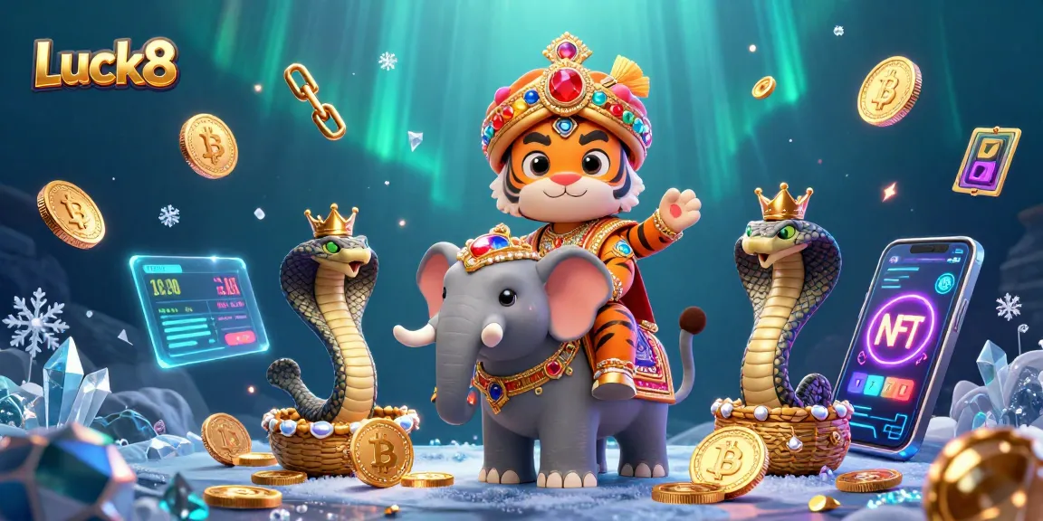 Experience the exciting Luck8 casino with a vibrant scene showcasing a tiger, elephant, and crypto elements.
