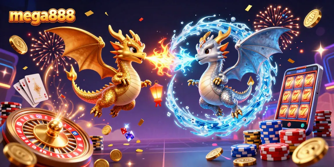Experience mega888 with twin dragons and dynamic casino elements in this vibrant 3D scene.