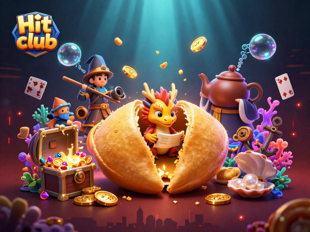 Hit club-themed illustration showcasing fortune characters and vibrant casino elements.