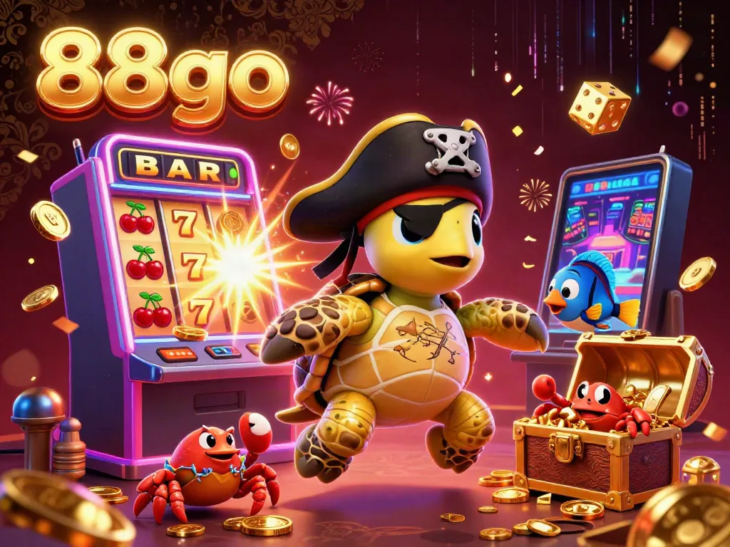 Experience thrilling gameplay with 88go as a pirate turtle and friends celebrate jackpots and treasures in this vibrant casino illustration.