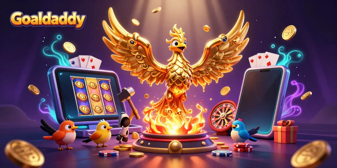 Experience thrilling gameplay with Goaldaddy's stunning golden phoenix surrounded by casino elements.