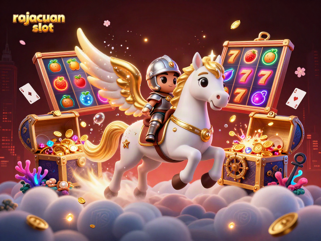 Experience the excitement of rajacuan slot with vibrant slot reels and stunning 3D visuals in a magical casino scene.