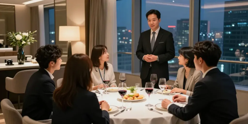 강남 구구단의 고급스러운 독립 룸에서 대화 중인 손님들과 매니저의 따뜻한 분위기