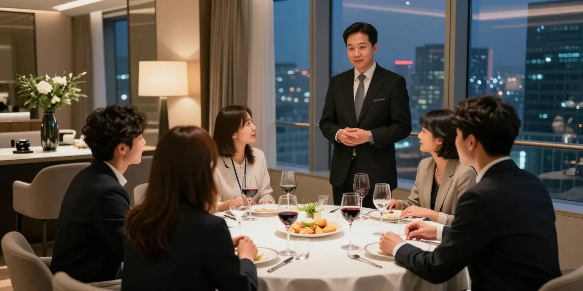 강남 구구단의 고급스러운 독립 룸에서 대화 중인 손님들과 매니저의 따뜻한 분위기