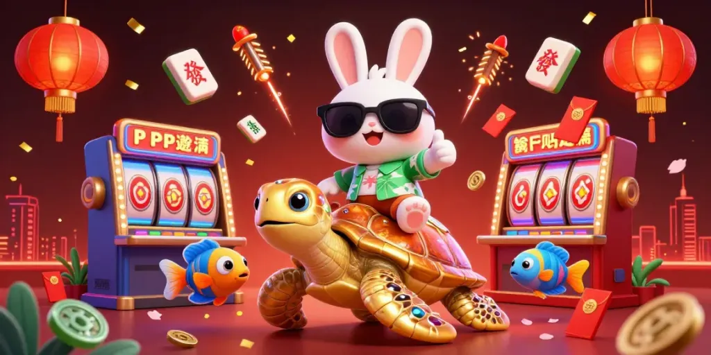 Enjoy exciting gaming adventures at five88bet with a playful rabbit and turtle in a vibrant casino scene