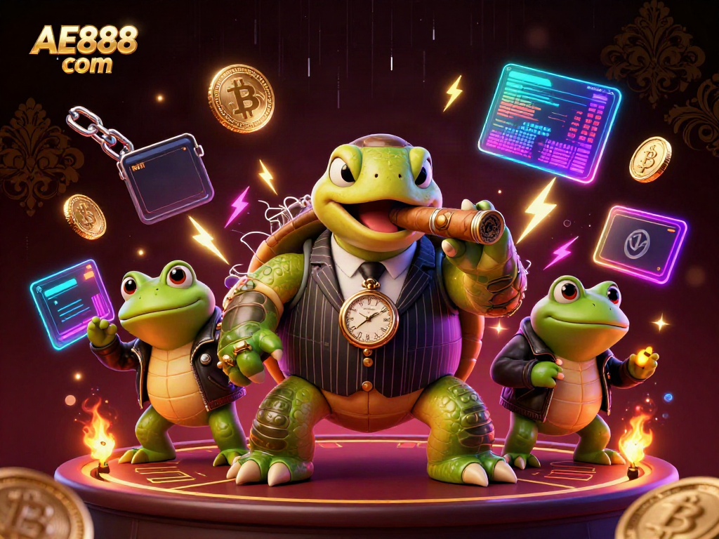 Experience vibrant gaming with AE888 com featuring a whimsical turtle and bullfrog characters in an engaging casino scene.
