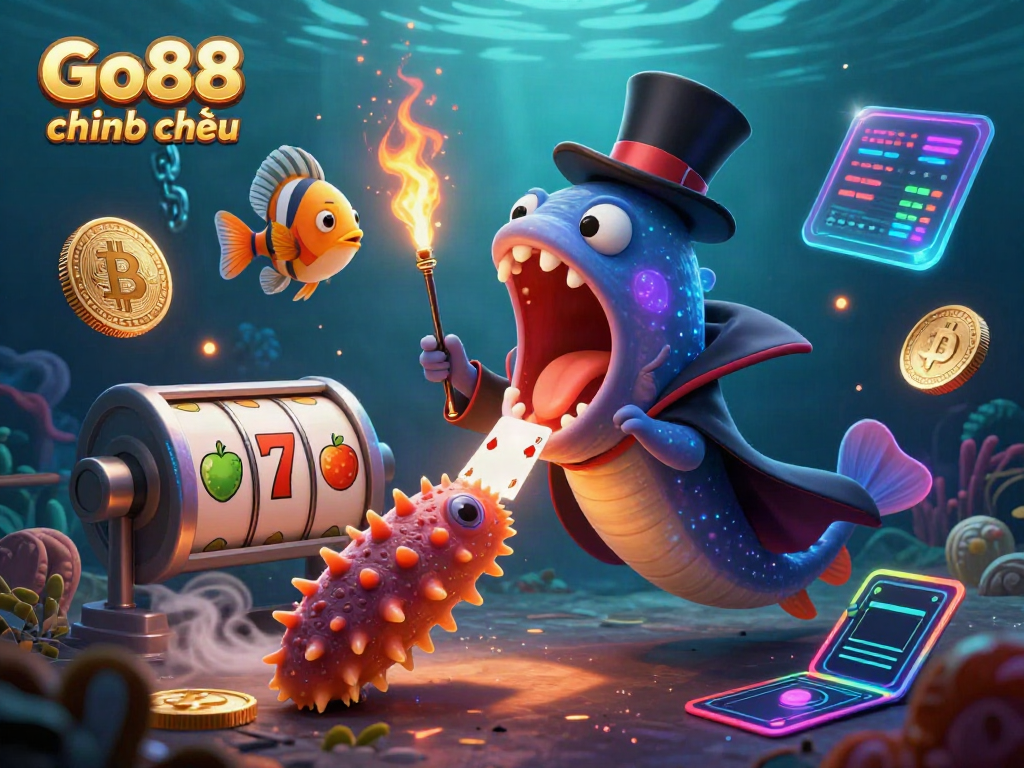 Engage with Go88 chính thức featuring lively 3D cartoon characters in a magical casino setting, showcasing card tricks and game excitement.