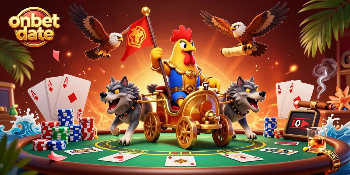 Experience thrilling poker action with onbet date's 3D casino illustration featuring a cartoon rooster warlord.