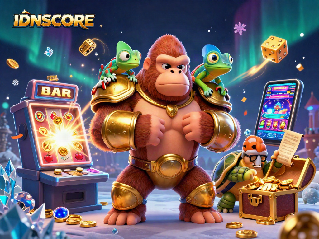 IDNSCORE casino illustration showcasing a gorilla king and friends amidst jackpot symbols and dynamic gaming elements.