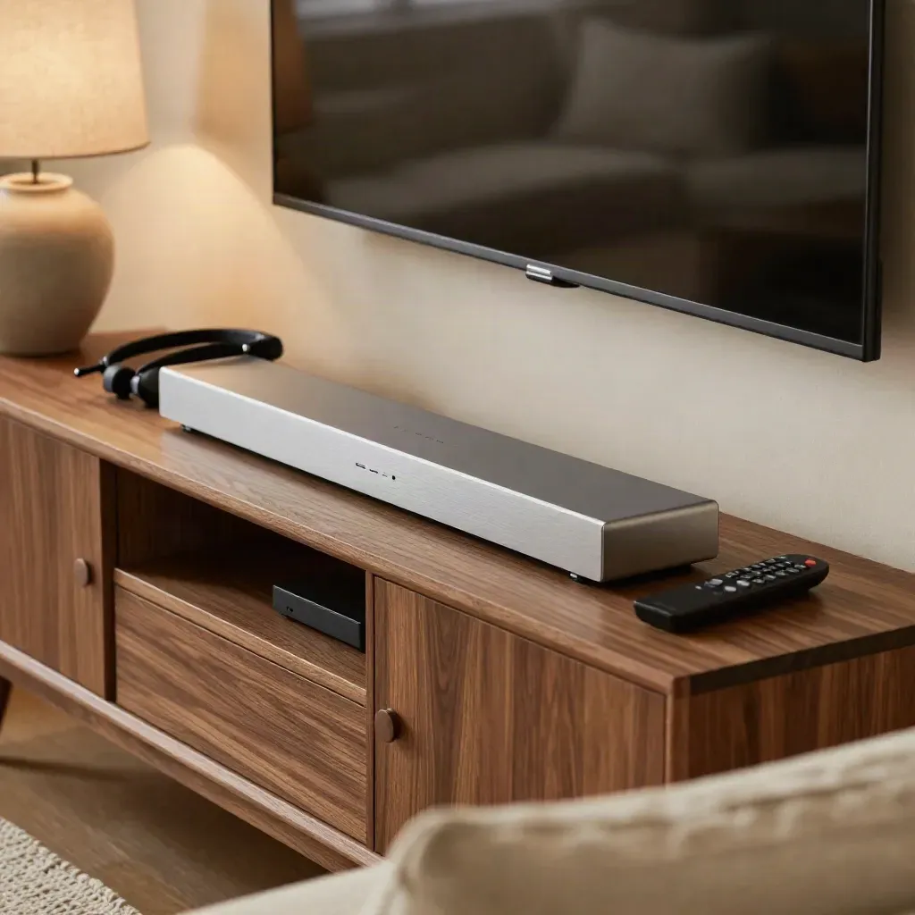 Living-room assistive listening setup with soundbar, TV base, neckloop receiver and dock.