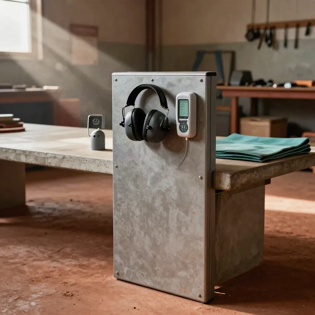 Industrial hearing-safety kit beside hanging tools in a sunlit workshop