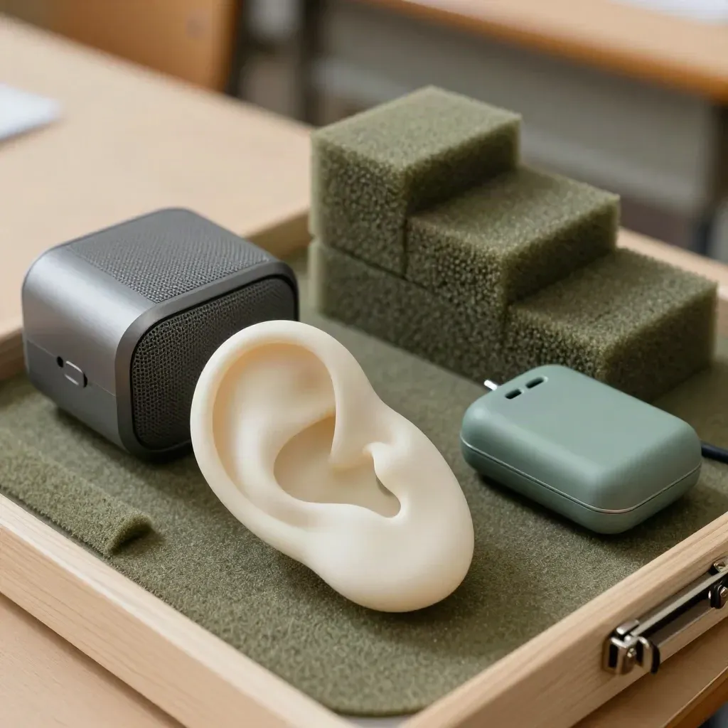 Overhead close-up of an ear anatomy lesson kit with speaker, foam blocks, and a small transmitter.
