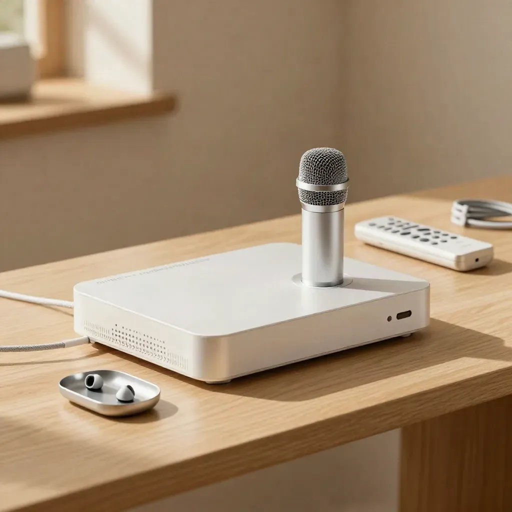 TV streamer, remote microphone, and hearing-aid charger on pale oak in soft side light