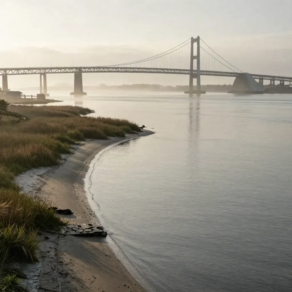 Chesapeake Bay Bridge in morning mist above calm Mid-Atlantic water and marsh edges