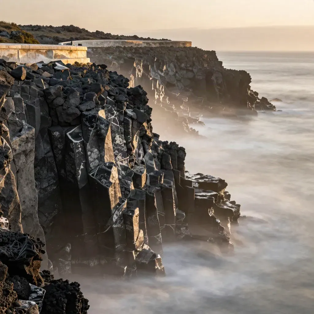 Basalt cliffs above a misty Pacific coast at golden dusk, calm open haze below.