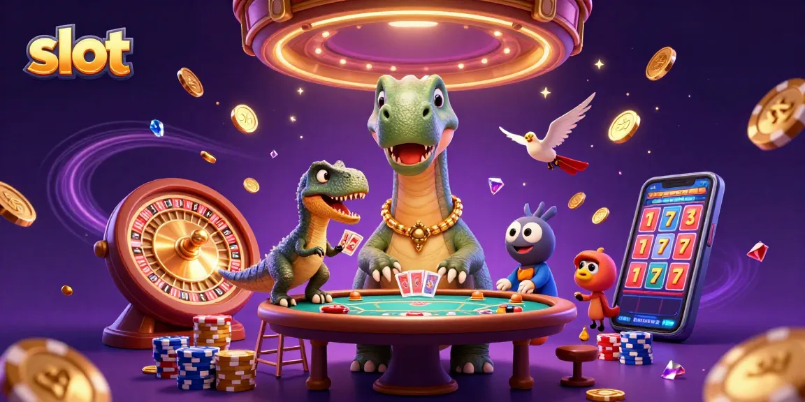 Spin the slot reels in this vibrant casino scene featuring animated dinosaurs and colorful game elements.