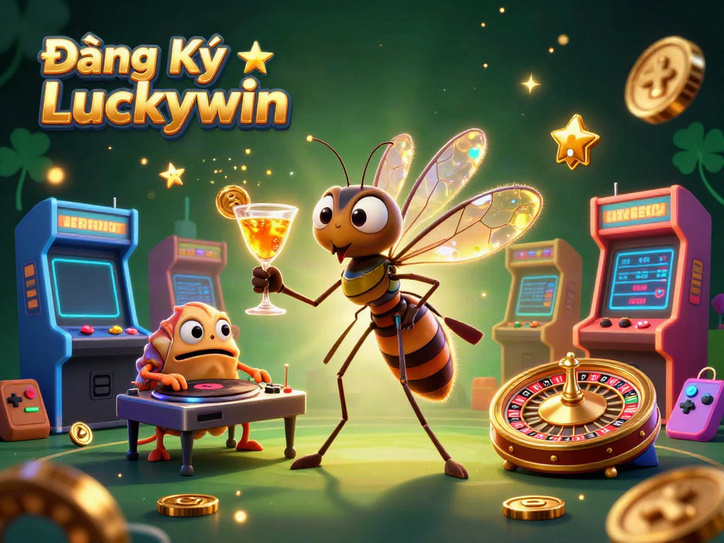 Engaging scene highlighting Đăng Ký Luckywin with vibrant casino elements featuring a unique 3D mosquito mascot.